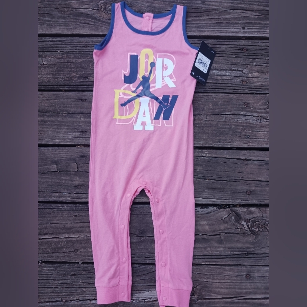 Jordan Pink Infant Sleeveless Romper with Navy Trim and Multicolor Logo